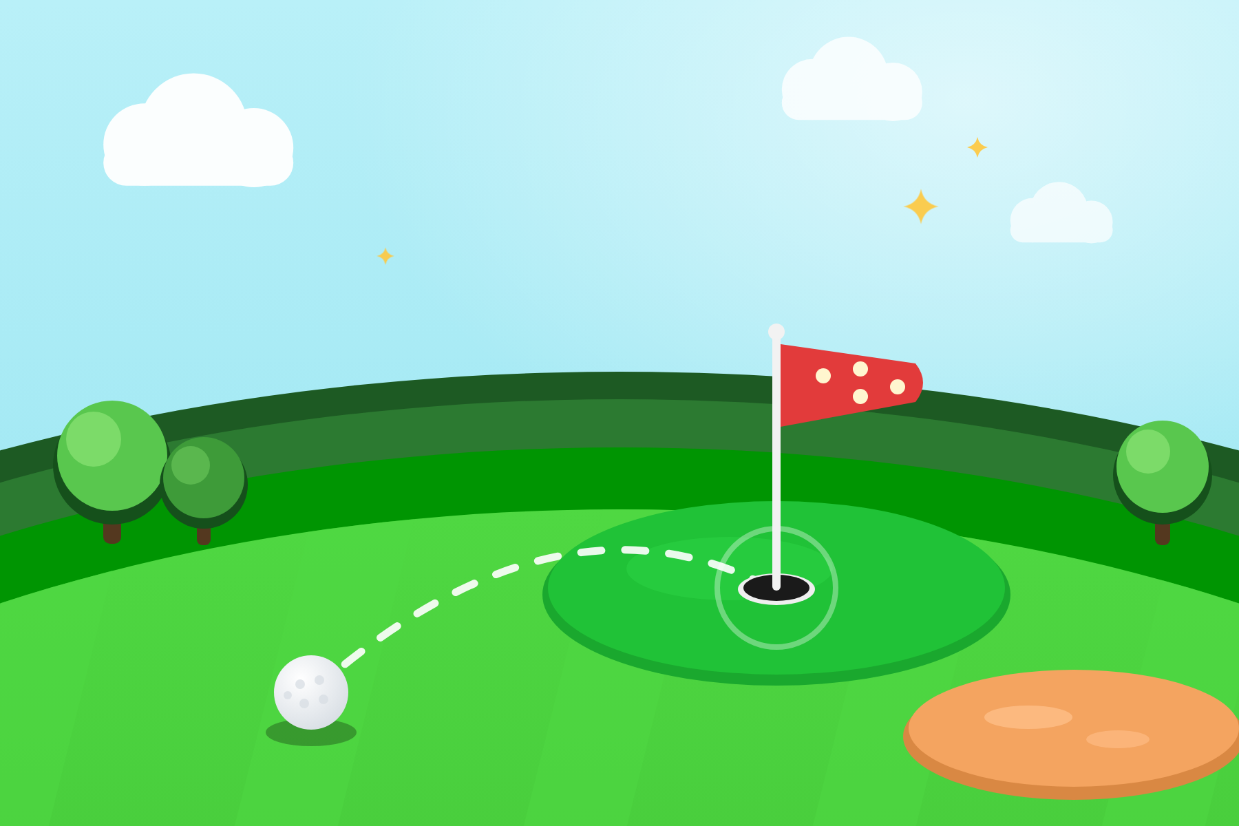 The Hole of the Day App Clip card: a golf green with a dice-patterned flag, a bunker, and a ball on a dashed line to the cup