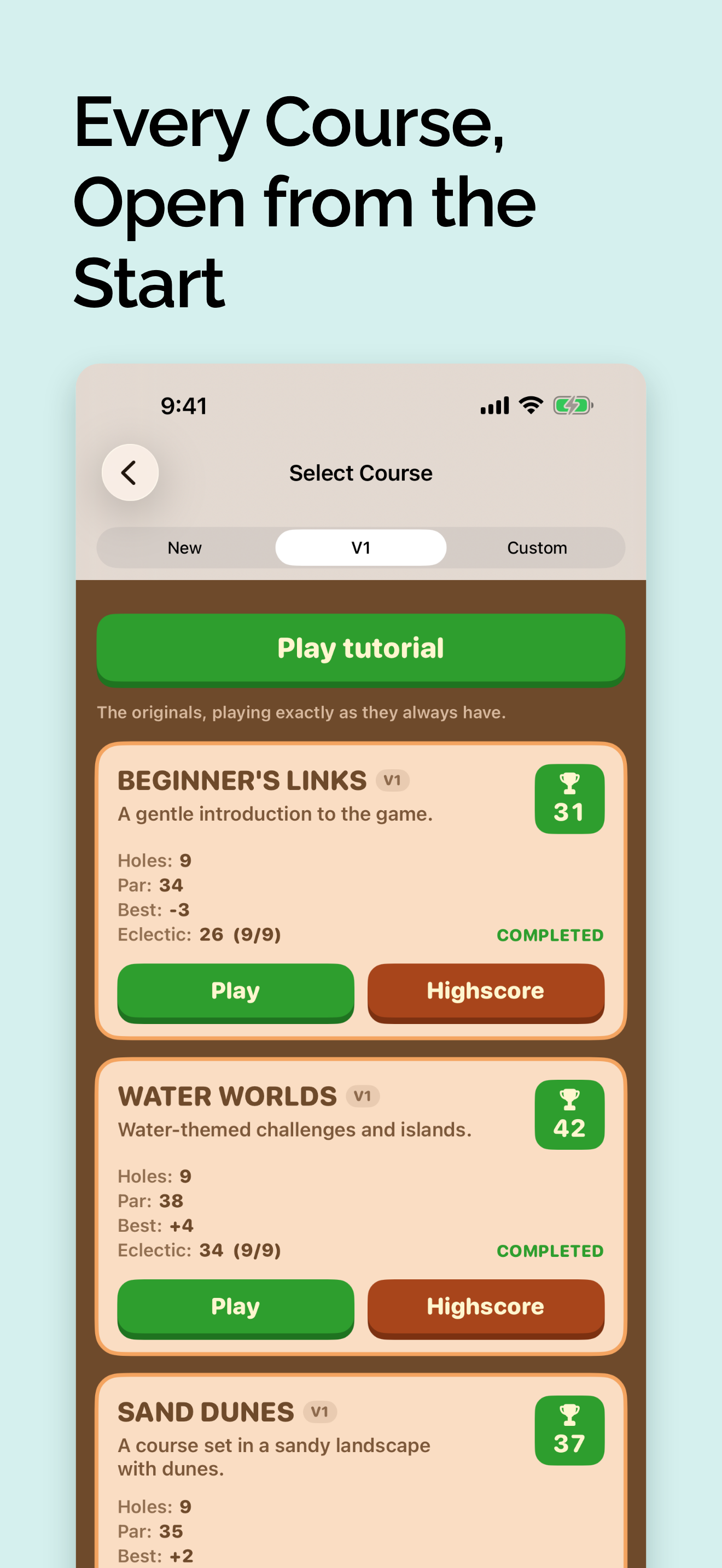 The Select Course screen showing the V1 shelf: Beginner's Links, Water Worlds and Sand Dunes, every one already unlocked