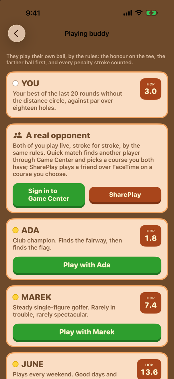 The Playing buddy screen: your own Handicap Index card above the roster, then Ada at 1.8 and Marek at 7.4