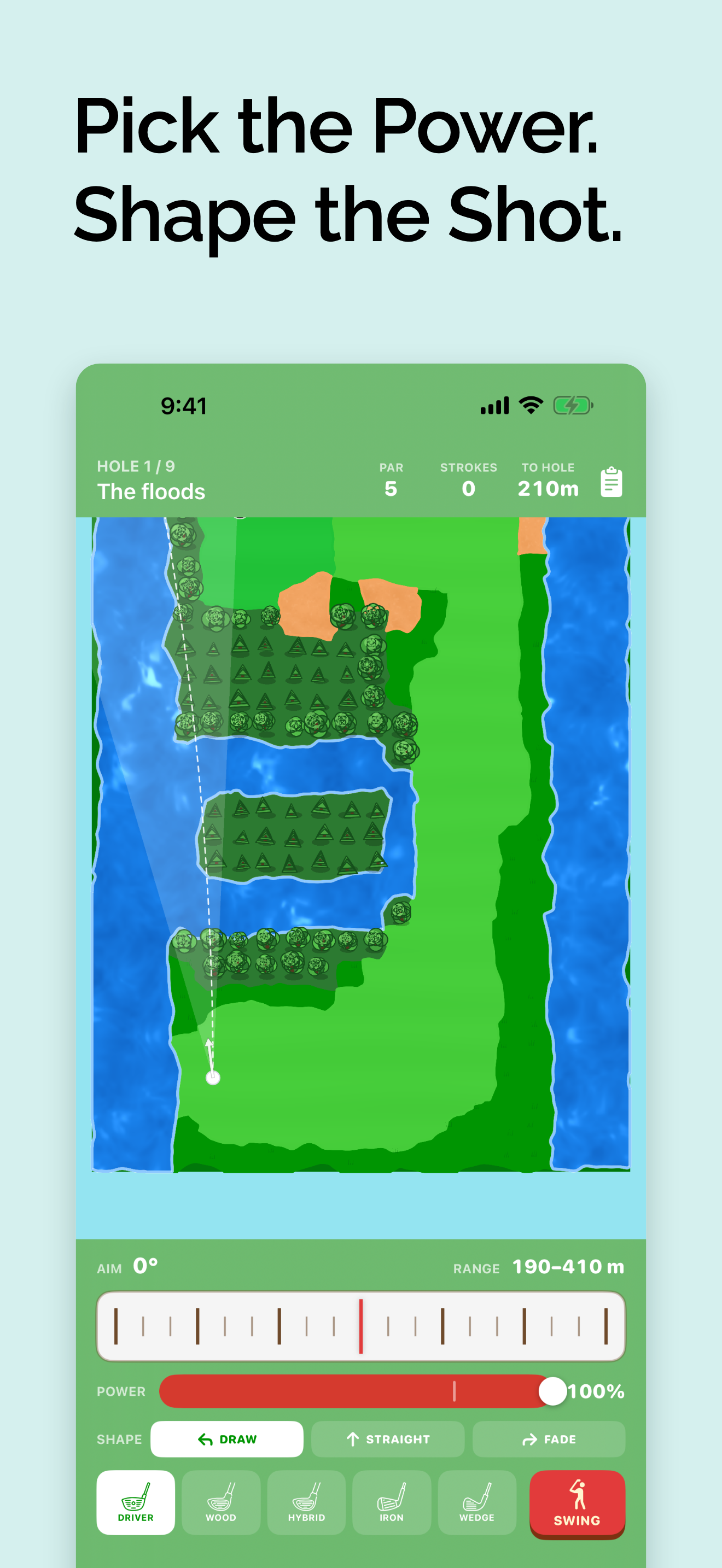 Setting a driver's power to 100% and shaping it as a draw, on the course view