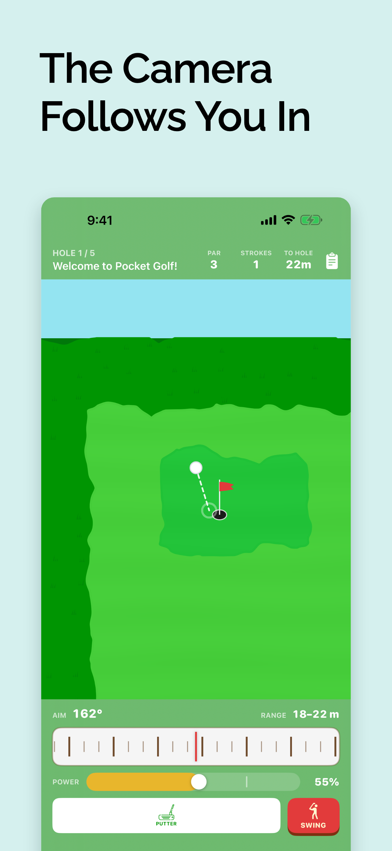 The camera zoomed in on a green, with the ball's putt line and a ring marking where a clean strike stops