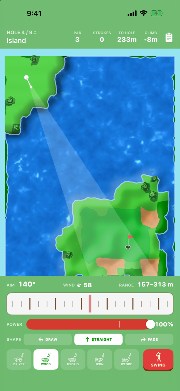 Windy Hills' fourth hole, Island: a par 3 across water in a 58 wind, eight metres downhill, with the aim cone reaching for the green