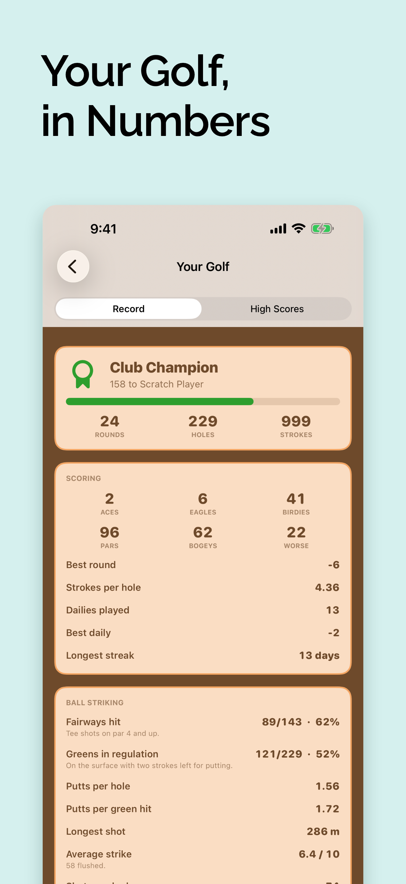 The Your Golf stats screen: rank, rounds played, scoring breakdown, and ball-striking stats